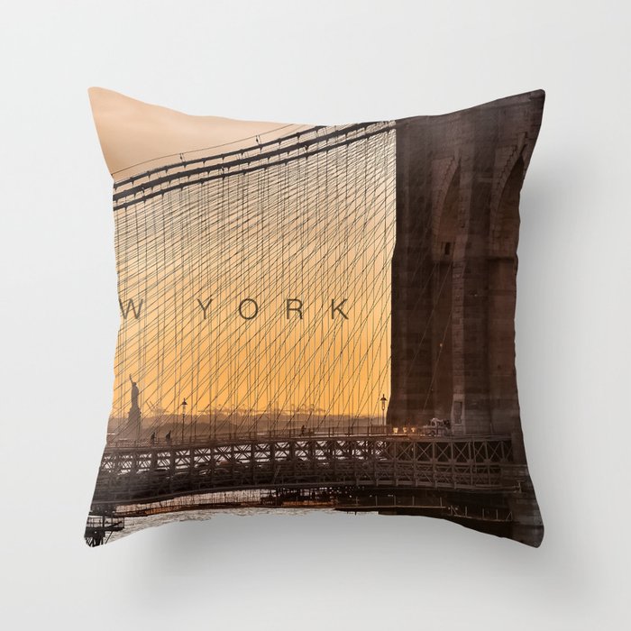 New York City Brooklyn Bridge and Statue of Liberty Throw Pillow