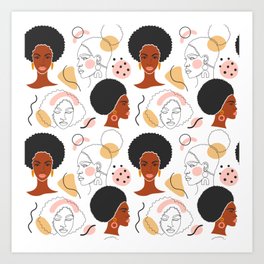 Seamless pattern with beautiful afro women in a flat and line art style. Art Print