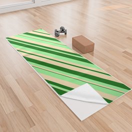 [ Thumbnail: Dark Green, Green, and Beige Colored Stripes Pattern Yoga Towel ]