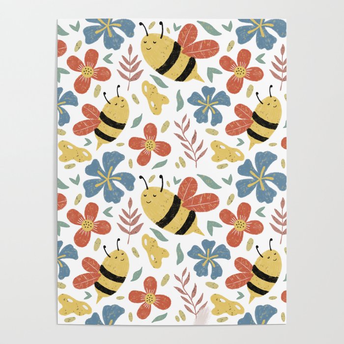 Cute Honey Bees and Flowers Poster