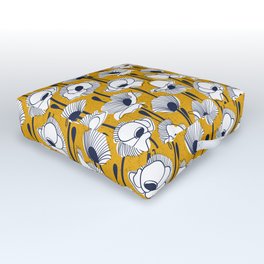 Field of white poppies // goldenrod yellow background white wildflowers oxford navy blue lines Outdoor Floor Cushion