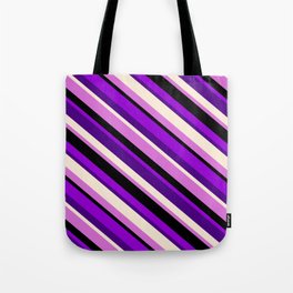 [ Thumbnail: Dark Violet, Indigo, Beige, Orchid, and Black Colored Pattern of Stripes Tote Bag ]
