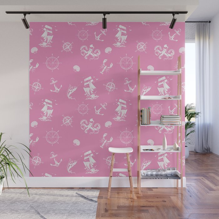 Pink And White Silhouettes Of Vintage Nautical Pattern Wall Mural
