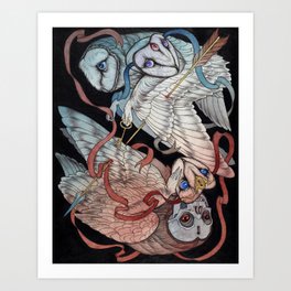 Memory & Regret Art Print | Surrealism, Bird, Mask, Owl, Painting, Watercolor, Curated, Feathers, Key, Skull 