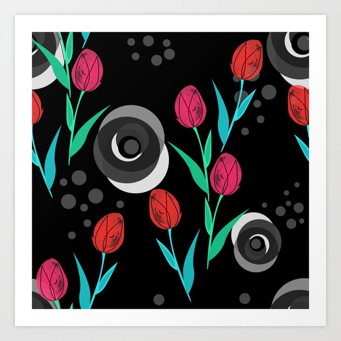 Abstract Cartoon Floral Pattern Red Tulips Black Background Art