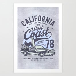 California West Coast Surf Retro Design Blue Grey Art Print