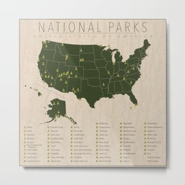 US National Parks w/ State Borders Metal Print | Usparks, Nationalparks, Typography, Graphicdesign, Usa, Outdoors, Unitedstatesparks, Trees, Map, Parks 