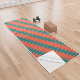 [ Thumbnail: Red & Dark Cyan Colored Lined Pattern Yoga Towel ]