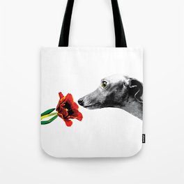Italian Greyhound smelling flower Tote Bag