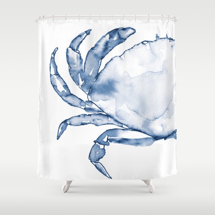 Coastal Crab in Watercolor, Navy Blue (Left Half in Set) Shower Curtain by  Kendra Shedenhelm