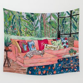Napping Brown Tabby Cat on Pink Couch with Jungle Background Painting After Matisse Wall Tapestry