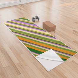 [ Thumbnail: Tan, Green, Dark Orange, Dark Green & Orchid Colored Lines Pattern Yoga Towel ]