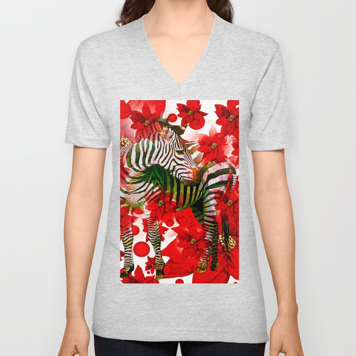 Zebra and Red Flowers  V Neck T Shirt
