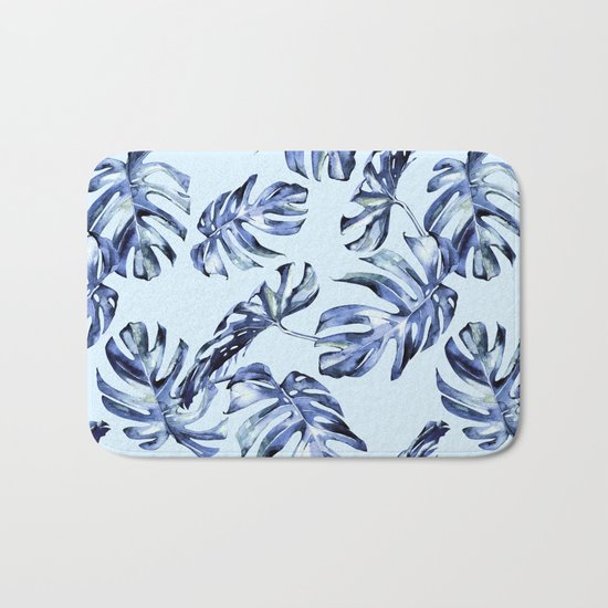 Tropical Palm Leaves Blue Bath Mat