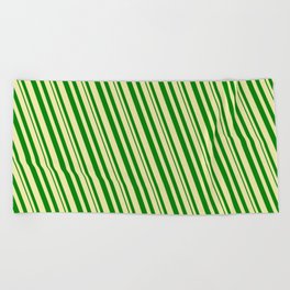 [ Thumbnail: Pale Goldenrod and Green Colored Pattern of Stripes Beach Towel ]