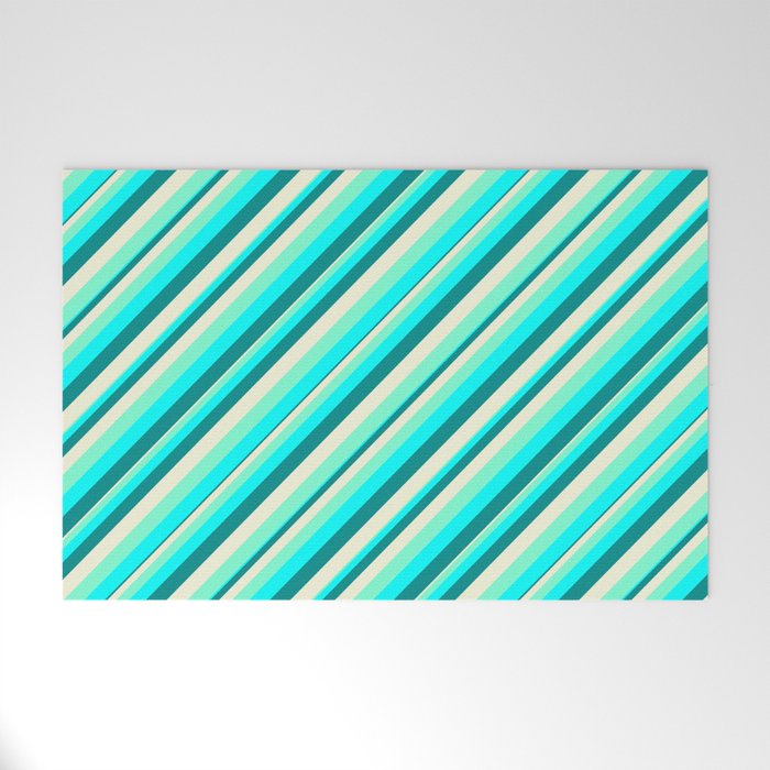 Aquamarine, Cyan, Dark Cyan, and Beige Colored Lined/Striped Pattern Welcome Mat