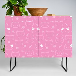 Pink and White Doodle Kitten Faces Pattern Credenza