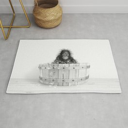 Monkey in a Wooden Bathtub, Baby Orangutan Black and White, Bathtub Animal Art Print By Synplus Area & Throw Rug