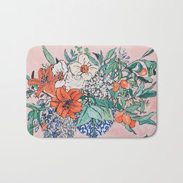 California Summer Bouquet - Oranges and Lily Blossoms in Blue and White Urn Bath Mat | Lily, Blossom, Botanical, Flower, Summer, Laraleemeintjes, Curated, Leaves, California, Citrus 