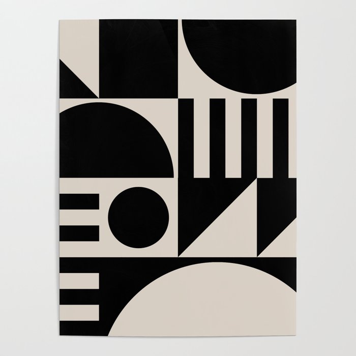 Mid Century Modern Geometric 936 Black and Linen White Poster