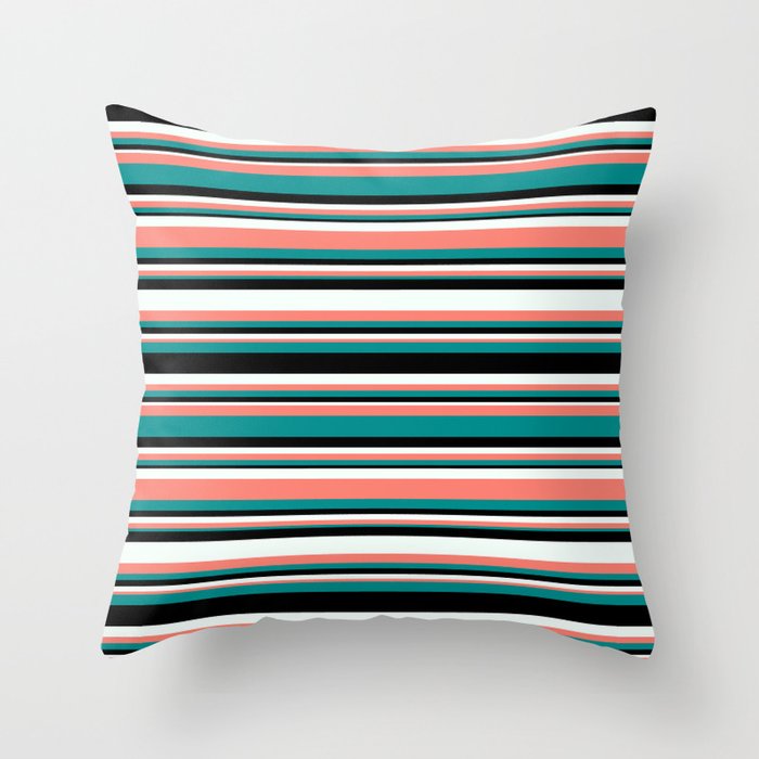 Mint Cream, Salmon, Dark Cyan & Black Colored Lined/Striped Pattern Throw Pillow