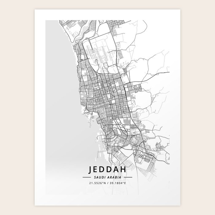 Jeddah, Saudi Arabia Light Map Art Print by Designer Map Art Society6
