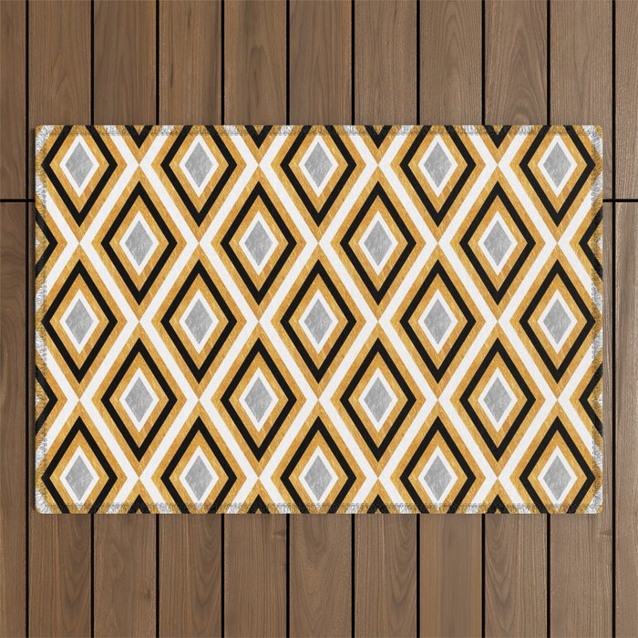 Mid Century Modern Diamond Pattern // Metallic Gold and Silver, Black and White // V2 Outdoor Rug