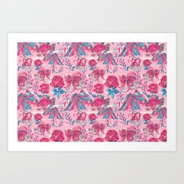 Japanese gold fishes with florals - pink and blue Art Print