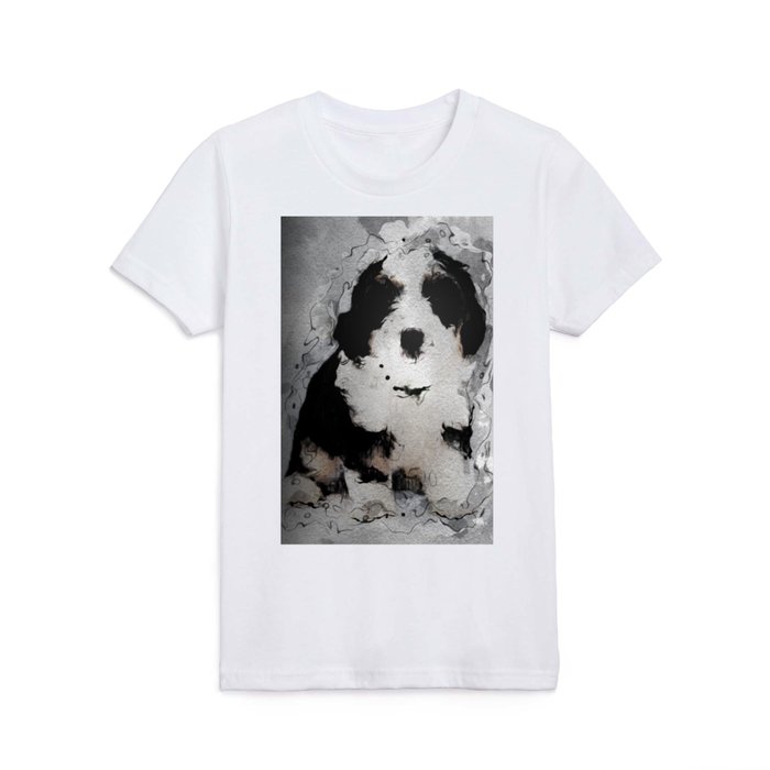 Bernedoodle dog black ink portrait Kids T Shirt by DreamOfDenim