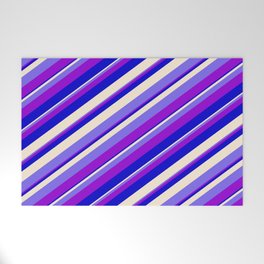 [ Thumbnail: Beige, Medium Slate Blue, Dark Violet & Blue Colored Stripes Pattern Welcome Mat ]