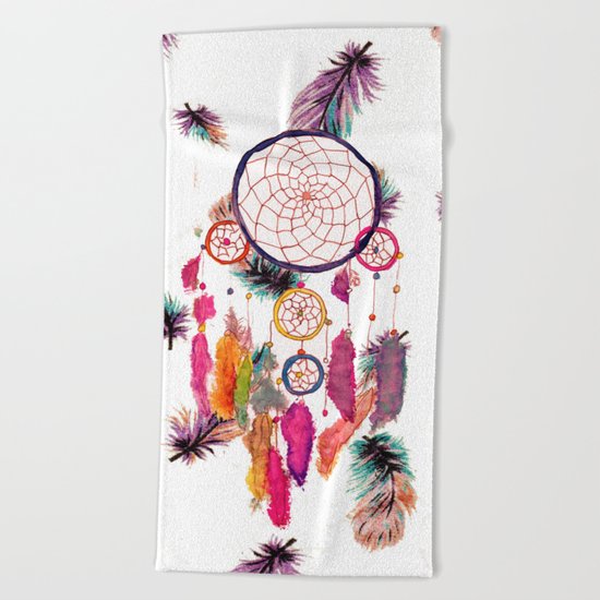 Hipster Watercolor Dreamcatcher Feathers Pattern Beach Towel