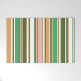 [ Thumbnail: Colorful Sea Green, Light Pink, Dark Olive Green, Brown, and White Colored Lines Pattern Welcome Mat ]