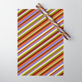[ Thumbnail: Eyecatching Medium Slate Blue, Tan, Green, Dark Red & Chocolate Colored Striped/Lined Pattern Wrapping Paper ]