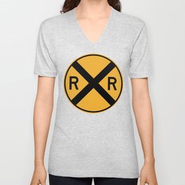 RAILROAD SIGN. Circular Yellow and Black with crossing sign. V Neck T Shirt
