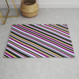 [ Thumbnail: Eye-catching Dark Khaki, Purple, Lavender, Slate Gray, and Black Colored Lined/Striped Pattern Rug ]