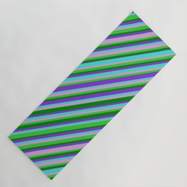 [ Thumbnail: Turquoise, Plum, Lime Green, Green & Purple Colored Lined Pattern Yoga Mat ]