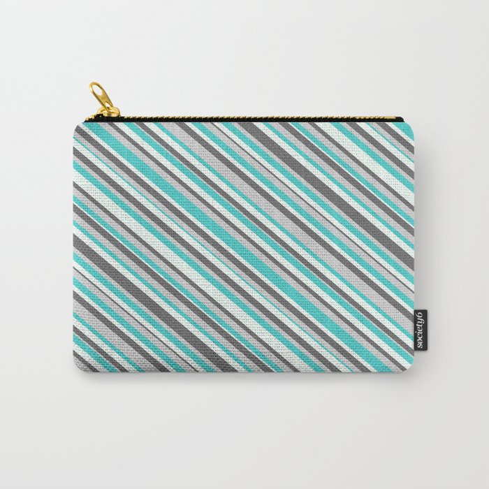 Dim Grey, Light Grey, Turquoise & Mint Cream Colored Striped Pattern Carry-All Pouch