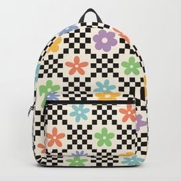 Retro Colorful Flower Double Checker Backpack | Floral, Check, Checkerboard, Pop Art, Blue, Graphicdesign, Pattern, Rainbow, School, White 