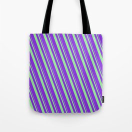 [ Thumbnail: Light Green and Purple Colored Lines Pattern Tote Bag ]