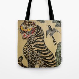 Striped Vintage Minhwa Tiger and Magpie Tote Bag