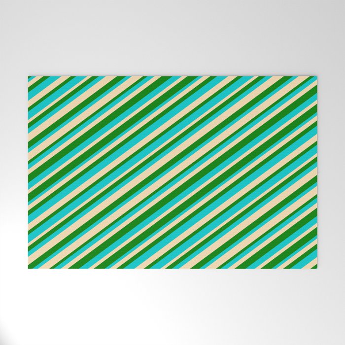Dark Turquoise, Beige, and Green Colored Striped/Lined Pattern Welcome Mat