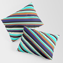 [ Thumbnail: Eye-catching Beige, Aqua, Chocolate, Midnight Blue, and Black Colored Lined Pattern Pillow Sham ]