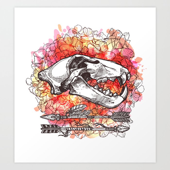 Lion Skull & Flowers Art Print