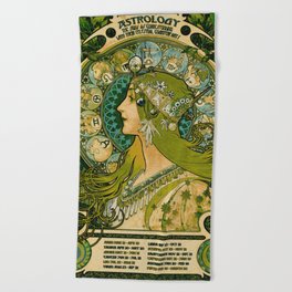 Emerald Green Vintage Astrology Poster | Alphonse Mucha Beach Towel
