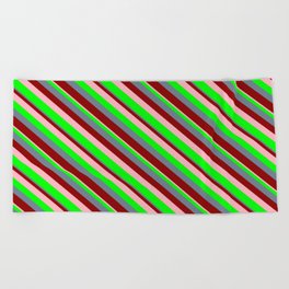 [ Thumbnail: Slate Gray, Dark Red, Light Pink, and Lime Colored Stripes/Lines Pattern Beach Towel ]