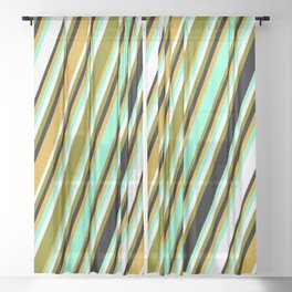 [ Thumbnail: Aquamarine, White, Green, Black, and Goldenrod Colored Pattern of Stripes Sheer Curtain ]