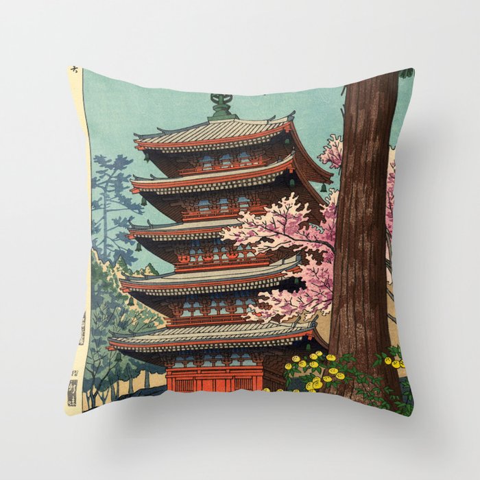 Ukiyo-e Temple Cherry Blossoms Throw Pillow