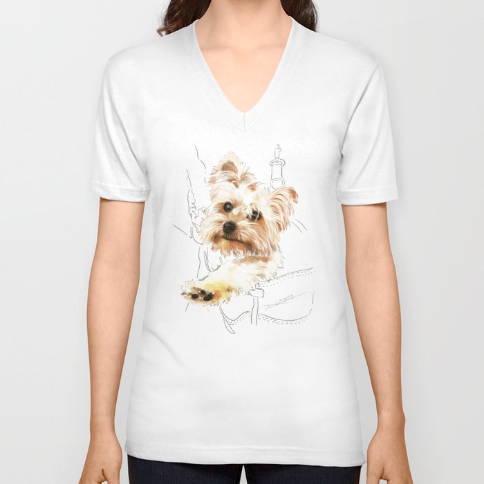 Yorkie in a backpack (Yorkshire Terrier) V Neck T Shirt