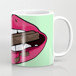 Red lips biting chocolate bar, chocolate love - green background Coffee Mug