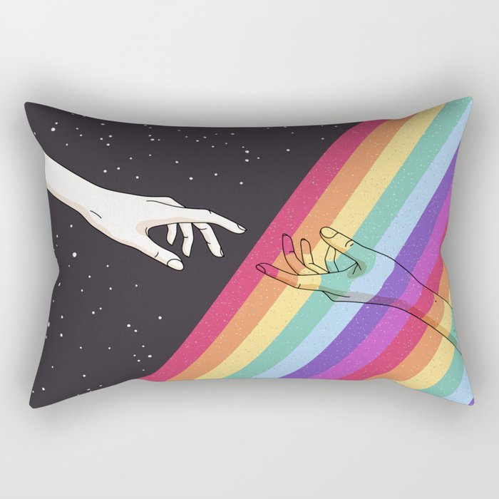 Galactic Radiance: Hands Reaching for Rainbow Space Stars Rectangular Pillow